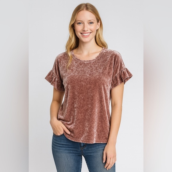 Altar'd State Tops - Altar'd State Dusty Rose Velvet Ruffle Sleeve Top